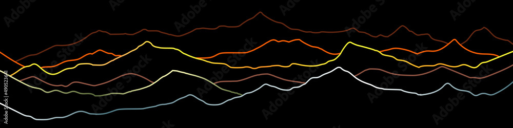 Colored curved lines on a black background, imitation of mountain ranges. Vector design, minimalism. Colored curved lines on a black background, imitation of mountain ranges. Vector design, minimalism.