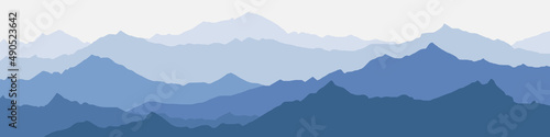 Vector illustration of mountains, ridge in the morning haze, panoramic view.