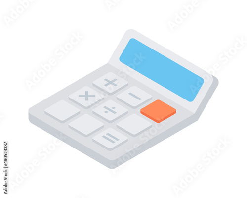 Retro electronic calculator with display and buttons isometric vector illustration. Vintage accounting device for balance financial mathematics calculating. Business educational equipment isolated
