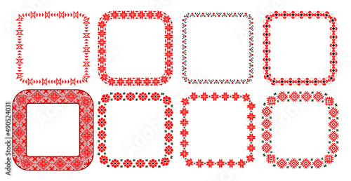 Bulgarian balkan national folklore embroidery style red, green and black ornamental border vector square frame set