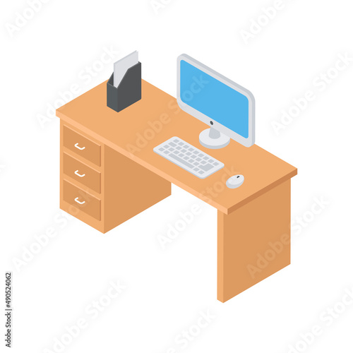 Modern home office workplace with computer monitor, keyboard, mouse and paper document folder isometric vector illustration. Workplace with electronic devices placing for comfy working