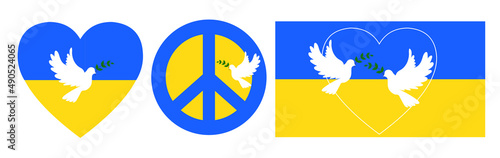 Collection of Icon. Heart shape, Peace symbol, Ukrainian flag. White Flying peace dove, pigeon with olive branch logo symbol. Concept of Ukraine and Russia military conflict. Pray or stand for Ukraine