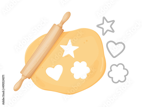 Fresh dough and rolling pin. Rolled out dough for baking, pizza, cookie, biscuit, bread.