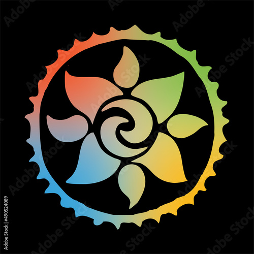 Round sketch, sun symbols in ethnic style. Rainbow colors on a dark background, vector illustration.