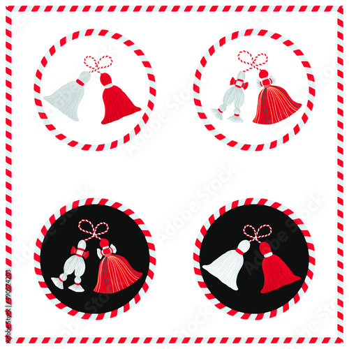 Bulgarian baba marta holiday traditional martenitsa stickers design in red and white colors photo