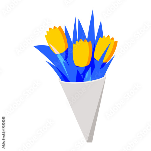 Yellow tulips in paper packaging isolated on white for postcard decoration. Congratulatory spring bouquet. Vector. #490524245