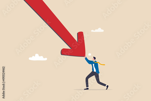 Resilience to survive investment crash, crisis or recession, pushing back or effort to win business challenge, economic recession concept, businessman pushing falling down arrow with full effort.