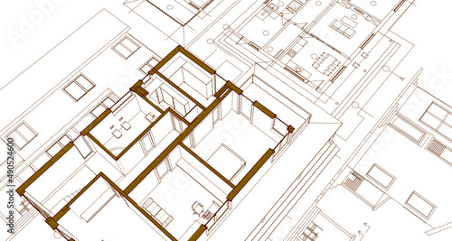 house architectural project plan  sketch 3d illustration