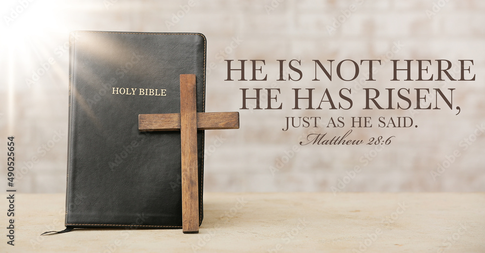 Holy Bible with wooden cross on light background - obrazy, fototapety, plakaty 