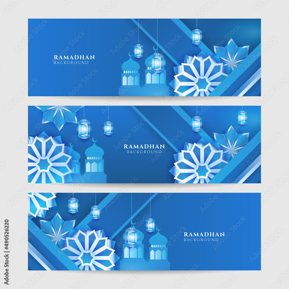 Set of Ramadhan blue colorful wide banner design background. Islamic ramadan kareem banner background with crescent pattern moon star mosque lantern. Vector illustration
