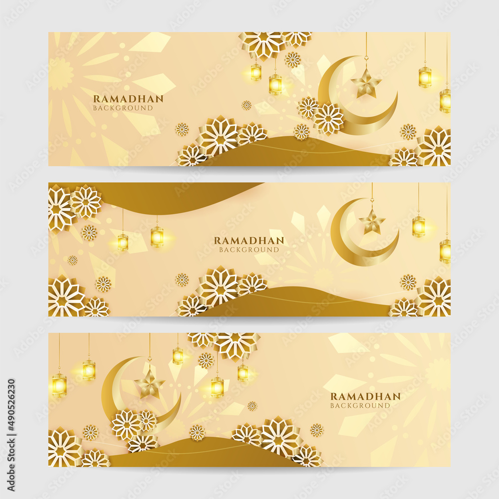Set of Ramadhan yellow gold colorful wide banner design background. Islamic ramadan kareem banner background with crescent pattern moon star mosque lantern. Vector illustration Set of Ramadhan yellow gold colorful wide banner design background. Islamic ramadan kareem banner background with crescent pattern moon star mosque lantern. Vector illustration