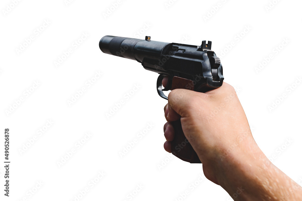 Isolate, a combat pistol with a silencer in the hand of a man. On a white background. Isolate, a combat pistol with a silencer in the hand of a man. On a white background.
