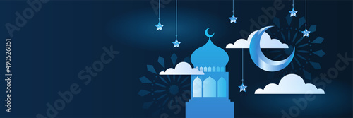 Islamic ramadan kareem banner background with crescent pattern moon star mosque lantern. Vector illustration. Ramadhan blue colorful wide banner design background
