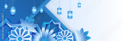 Islamic ramadan kareem banner background with crescent pattern moon star mosque lantern. Vector illustration. Ramadhan blue colorful wide banner design background