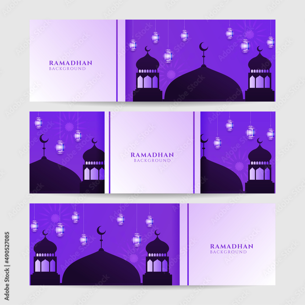 Islamic ramadan kareem banner background with crescent pattern moon star mosque lantern. Vector illustration. Ramadhan colorful wide banner design background