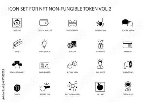 NFT Non-Fungible Token vector icon set for infographics. Contains symbols such as defi, token, decentralisation, marketplace, web3