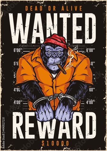 Wanted vertical poster with handcuffed gorilla