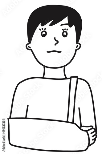 Sad Boy With Broken Arm in Plaster Cast. Child with bandaged doodle Vector Illustration