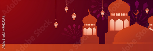 Islamic ramadan kareem banner background with crescent pattern moon star mosque lantern. Vector illustration. Ramadhan colorful wide banner design background