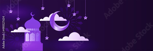 Islamic ramadan kareem banner background with crescent pattern moon star mosque lantern. Vector illustration. Ramadhan colorful wide banner design background