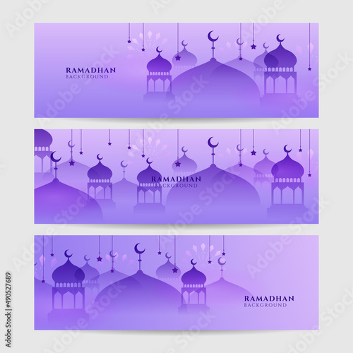 Islamic ramadan kareem banner background with crescent pattern moon star mosque lantern. Vector illustration. Ramadhan colorful wide banner design background