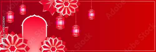 Islamic ramadan kareem banner background with crescent pattern moon star mosque lantern. Vector illustration. Ramadhan colorful wide banner design background