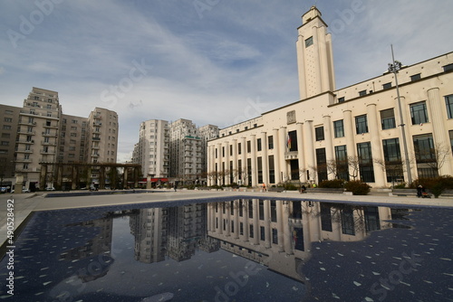 Villeurbanne City hall with square
 Lazare Goujon in the foreground in Lyon suburb.Build in 1930 at the initiative of Lazare Goujone.