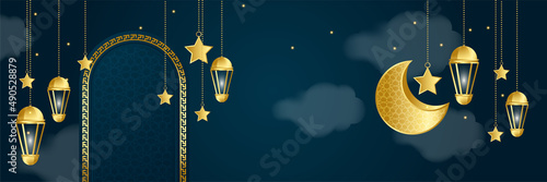 Islamic ramadan kareem banner background with crescent pattern moon star mosque lantern. Vector illustration. Ramadhan lantern dark blue gold colorful wide banner design background