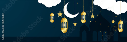 Islamic ramadan kareem banner background with crescent pattern moon star mosque lantern. Vector illustration. Ramadhan lantern dark blue gold colorful wide banner design background