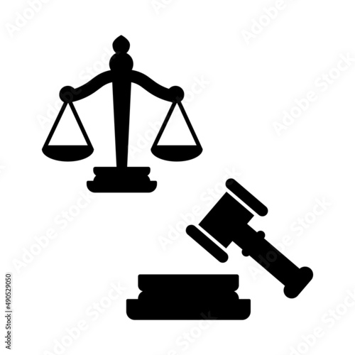 Law and justice concept. Gavel of the judge and scales of justice. Vector silhouette. Libra and gavel. Legal center or law advocate symbol.