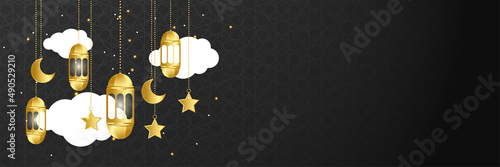 Islamic ramadan kareem banner background with crescent pattern moon star mosque lantern. Vector illustration. Premium Ramadhan black and gold colorful wide banner design background