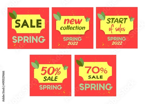 Red banner of discounts and sales, new collection. The background is a template for a discount. 50%, 70,start of sales, spring, summer. Online and offline purchases.