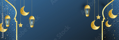 Premium Ramadhan blue colorful wide banner design background