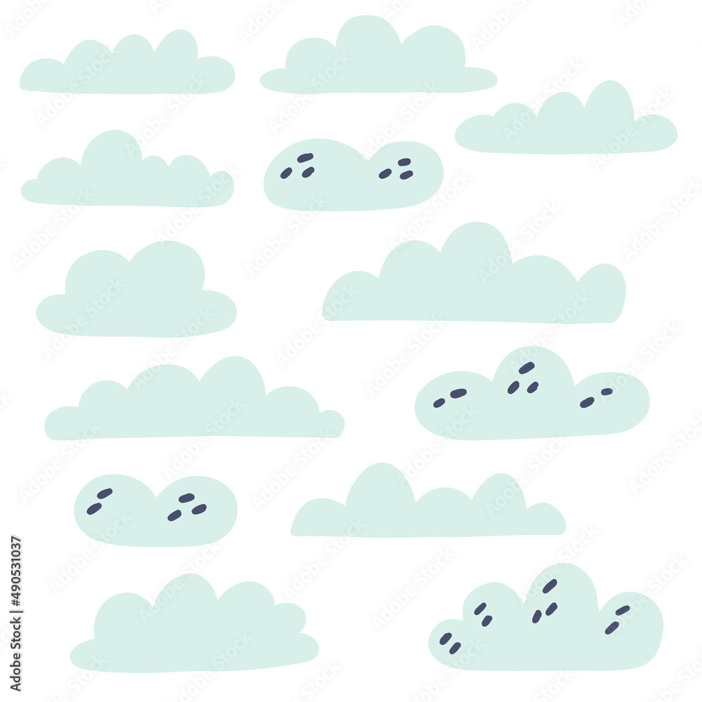 Set blue clouds doodle illustration Hand drawn nursery baby scandinavian style, kids clipart naive art Set blue clouds doodle illustration Hand drawn nursery baby scandinavian style, kids clipart naive art