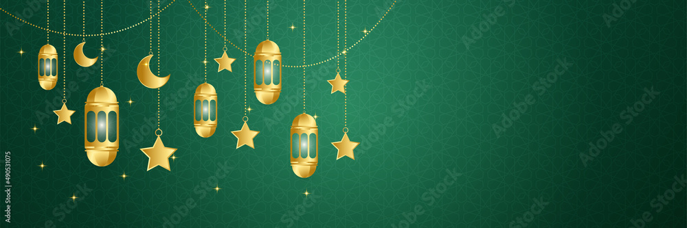 Ramadhan lantern green gold colorful wide banner design background