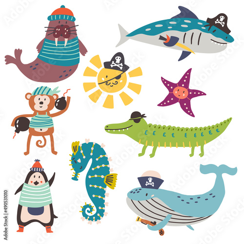 Set animals pirate sailor. Doodle illustration sailor safari underwater sea ocean marine character Hand drawn nursery baby scandinavian style, kids clipart naive art