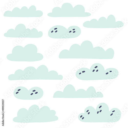 Set blue clouds doodle illustration Hand drawn nursery baby scandinavian style, kids clipart naive art