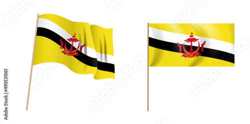 Colorful naturalistic waving flag of Nation of Brunei, the Abode of Peace. Il...