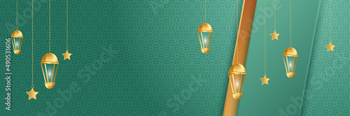 Ramadhan lantern green gold colorful wide banner design background