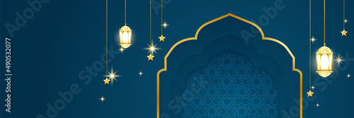 Ramadhan blue colorful wide banner design background. Islamic ramadan kareem banner background with crescent pattern moon star mosque lantern. Vector illustration.