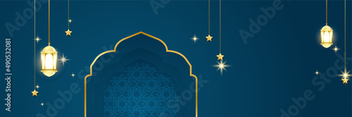 Ramadhan blue colorful wide banner design background. Islamic ramadan kareem banner background with crescent pattern moon star mosque lantern. Vector illustration.