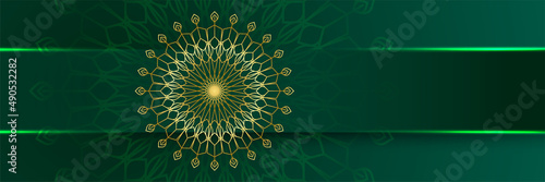 Mandala pattern green colorful wide banner design background. Islamic ramadan kareem banner background with crescent pattern moon star mosque lantern. Vector illustration.