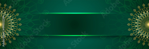 Mandala pattern green colorful wide banner design background. Islamic ramadan kareem banner background with crescent pattern moon star mosque lantern. Vector illustration.
