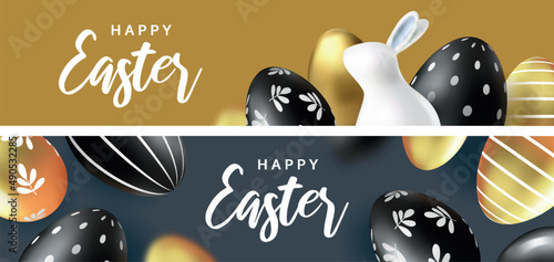 Easter greeting banners, holiday cards, flyers design. Modern minimal design with eggs and  rabbits for social media, sale, advertisement, web.