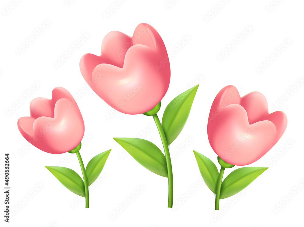 Flowers in plastic 3d style on a white background. Tulip buds, spring flowers. 