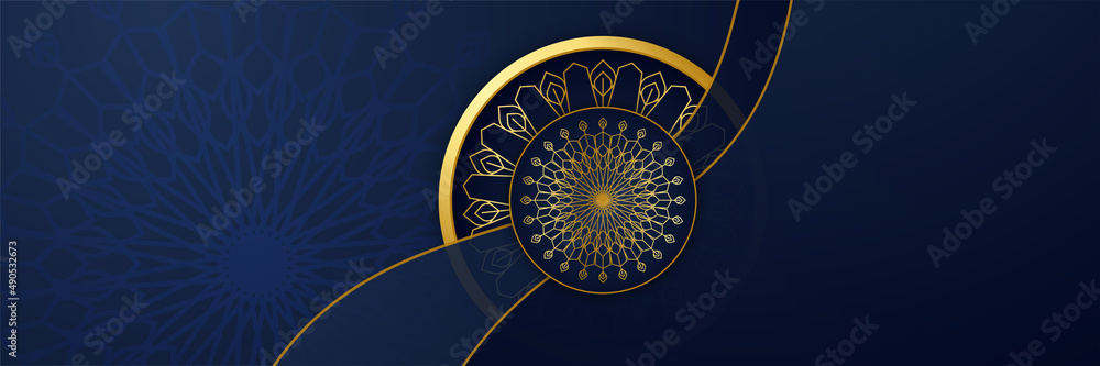 Ramadhan blue colorful wide banner design background. Islamic ramadan kareem banner background with crescent pattern moon star mosque lantern. Vector illustration.