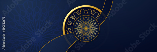 Ramadhan blue colorful wide banner design background. Islamic ramadan kareem banner background with crescent pattern moon star mosque lantern. Vector illustration.