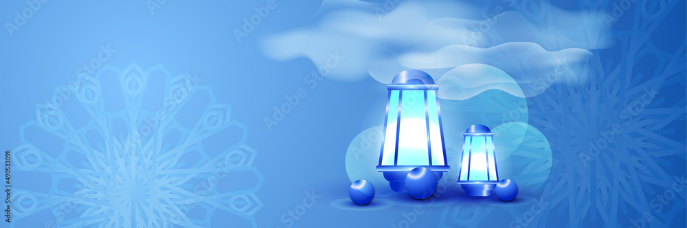 Modern Blue lantern colorful ramadhan banner design background