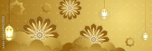 Brown and gold lantern colorful ramadhan banner design background. Islamic ramadan kareem banner background with crescent pattern moon star mosque lantern. Vector illustration.