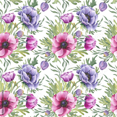 Seamless pattern with anemone flowers and leaves. Watercolor illustration on white background.